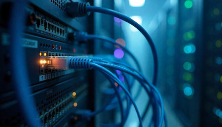 Data center servers connected with ethernet cables network infrastructure