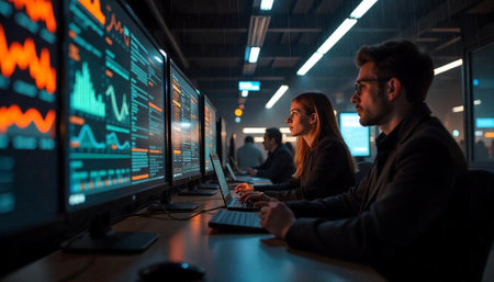 Team Analyzing Data Charts in a Dark Office Setting