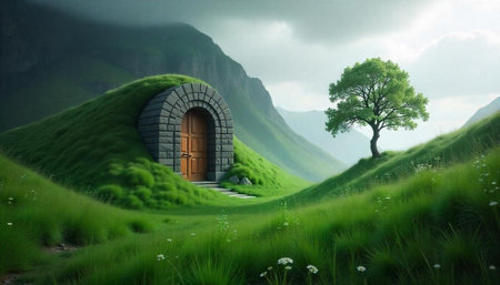 Whimsical hobbit hole nestled in a verdant landscapeの写真素材