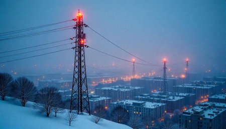 Winter cityscape with power lines and snow-covered buildings