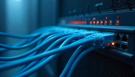 Network cables connected to server with blinking lights display