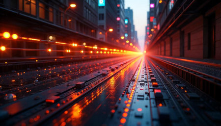 Urban cityscape and digital data stream convergingの写真素材