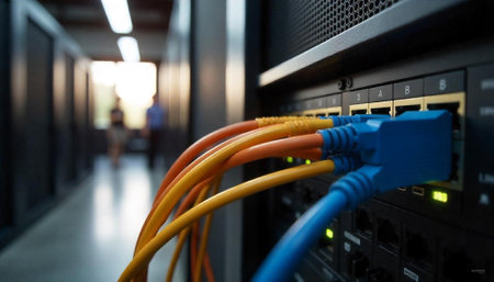 Server room connections showing data transfer and network activityの写真素材