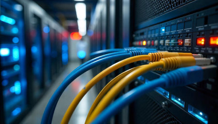 Data center server rack with connected cables closeupの写真素材