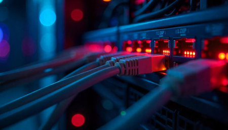 Connected network cables plugged into switch with red lightsの写真素材