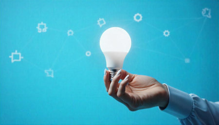 Hand holding glowing light bulb against abstract network background