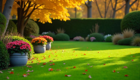 Autumnal garden scene with flowers and fallen leavesの写真素材