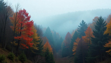 Misty autumn forest scenery with vibrant foliage colors