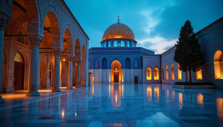 Dome of the Rock at night with reflections, Jerusalemの写真素材
