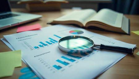 Analyzing financial data with magnifying glass on office desk