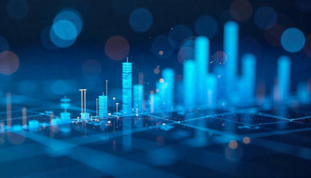 Abstract blue cityscape with bokeh effect glowing elegantly