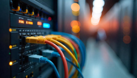 Network server rack with colorful Ethernet cables connected close