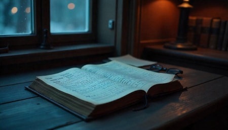 Open handwritten journal on wooden desk by window light
