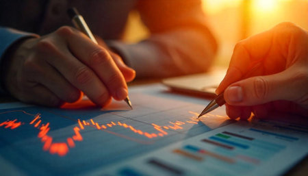 Analyzing financial data with chart and hands holding pens