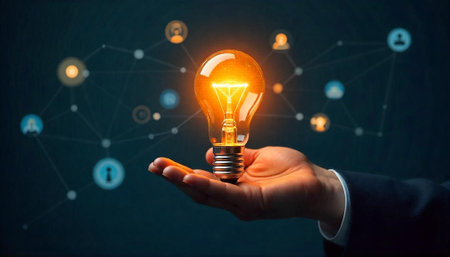 Illuminating ideas Lightbulb in hand with a network backgroundの写真素材