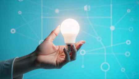 Hand holding glowing light bulb against a tech background
