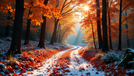 Sunlit autumn forest path winding through snow covered landscapeの写真素材