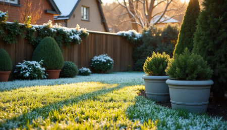 Frosty morning light in a suburban backyard garden