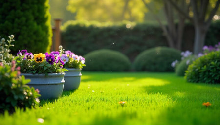 Vibrant Pansies in Pots on Sunlit Lawn, Backyard Gardenの写真素材