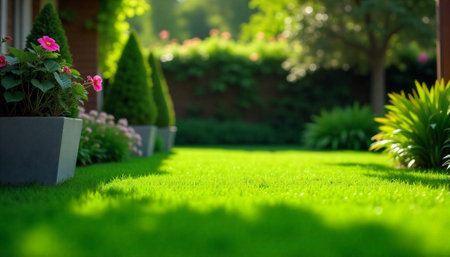 Lush green garden with vibrant flowers and manicured lawnの写真素材