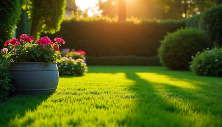 Idyllic garden scene with vibrant flowers and manicured lawnの写真素材