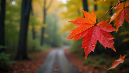 Autumn Maple Leaf displaying seasonal transition along forest roadの写真素材