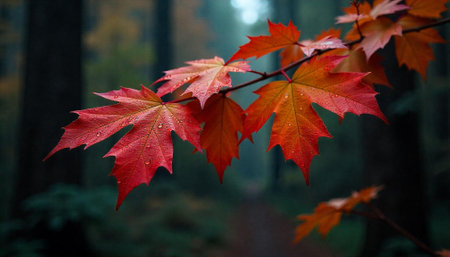 Autumn leaves close up on a branch after rain