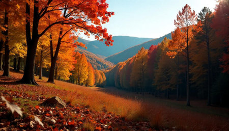 Autumn forest landscape with vibrant foliage in scenic valleyの写真素材