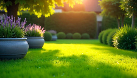 Serene garden scene with lavender pots and sunlight glow