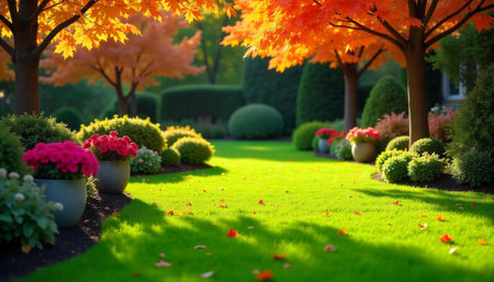 Autumn garden with red flowers and manicured lawnの写真素材