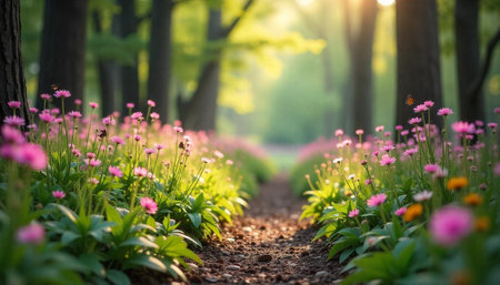 Pathway Through a Blooming Meadow at Sunrise in Springの写真素材