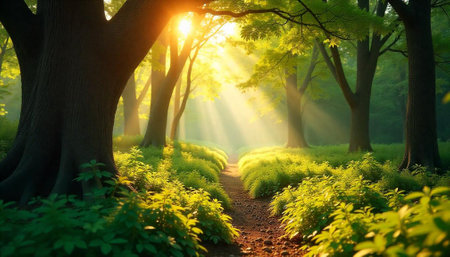 Sunlit path winding through a vibrant green forest