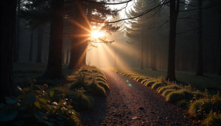 Sunlit path through a misty forest at sunriseの写真素材