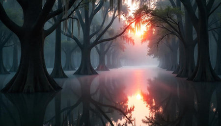 Sunlight Through Trees Reflected on Calm Waters of Swamp