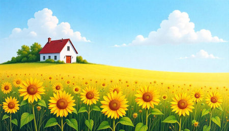 Sunflowers bloom in golden fields beneath a blue skyの写真素材