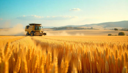 Golden harvest field under blue sky being reaped by machineryの写真素材