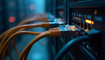 Network cables connected to server ports inside data center