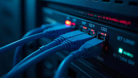Close up of a network server with connected cables