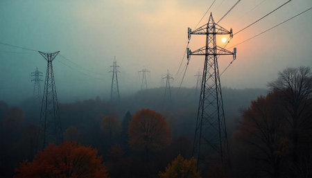 Power Lines Rise Through Foggy Autumn Landscape at Sunsetの写真素材
