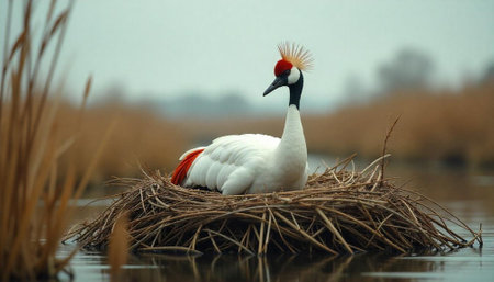 Red-crowned crane sitting in its nest amidst tranquil waterの写真素材
