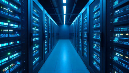 Data center server room featuring rows of server racks