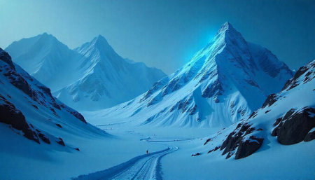 A stunning blue-toned panorama of majestic snow-capped mountains