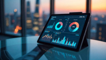 Digital tablet displaying financial data analytics with city backgroundの写真素材