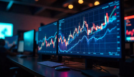Row of computer screens displaying stock market data charts