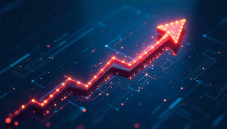 Red upward arrow on abstract tech background representing growthの写真素材