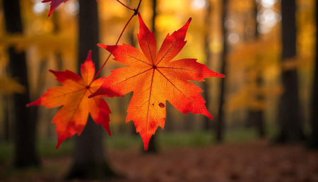 Bright autumn maple leaves against blurred forest background