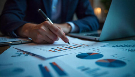 Businessman analyzing charts and graphs on his office desk