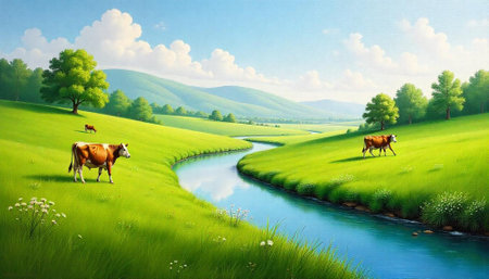Pastoral Scene with Cows Grazing by a Flowing Riverの写真素材