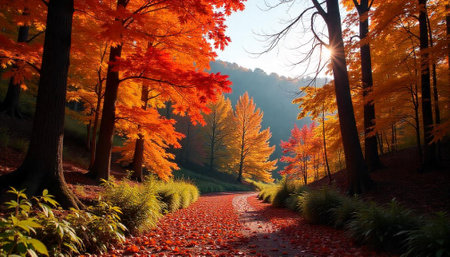 Scenic autumn path winding through a forest with foliage