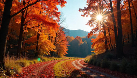 Autumn Forest Road with Vibrant Foliage and Sunlit Skyの写真素材